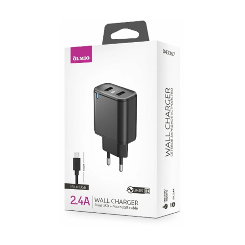 СЗУ OLMIO 2USB, 2.4A, Smart IC +microUSB кабель Black фото 